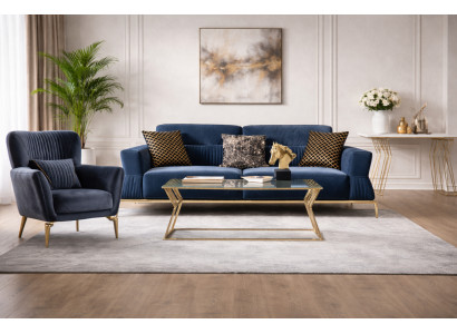Blaue Sofagarnitur Stilvoller 3-Sitzer Textilsessel Wohnzimmer 2tlg Set