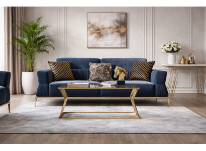 Blaues Polstersofa Designer Relaxcouch Wohnzimmer Sofa Goldfüße