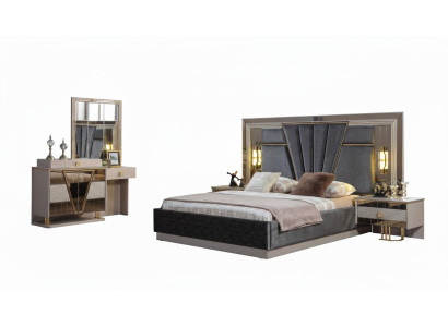 Schlafzimmer Set Modern Grau Bett Nachttische Stoff Designer-Bett
