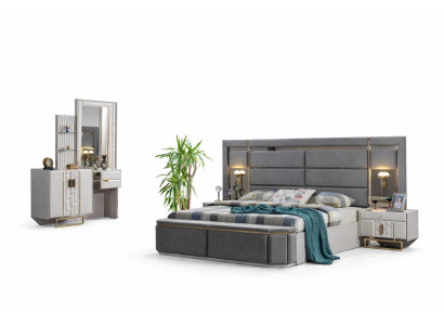 Schlafzimmer Set Modern Grau Bett Nachttische Stoff Designer-Bett