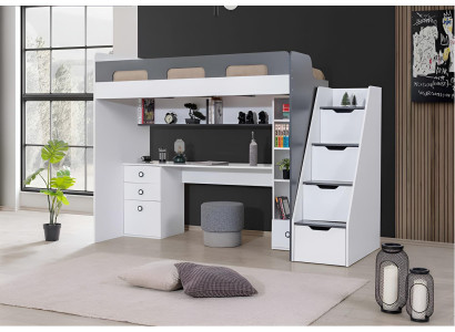 Etagenbett Weiß Grau mit Schreibtisch und Stauraum für Zimmer