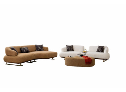 Wohnzimmer Set Modern Orange Weiß Sofa Couch Pouf Designer-Set Stoff