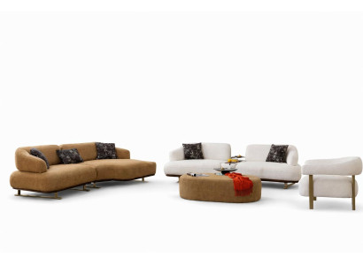 Wohnzimmer Set Modern Weiß Orange Sofa Couch Bergère Pouf Stoff Holz