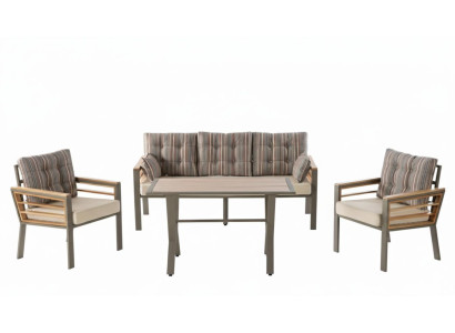 Terrassenset 3-Sitzer Sofa Sessel Tisch Metallgestell Holzplatte Neu