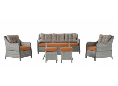 Terrassenset 3-Sitzer Sofa Sessel Tisch Hocker Orange Grau Glasplatte