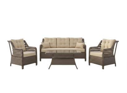 Terrassenset 3-Sitzer Sofa Sessel Tisch Metallgestell Glasplatte Beige