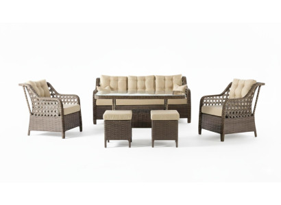 Terrassenset 3-Sitzer Sofa Sessel Tisch Hocker Beige Glasplatte Neu