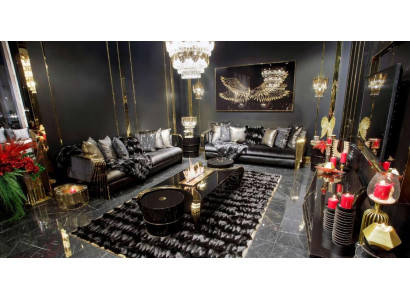 Schwarz-Goldenes Wohnzimmer Set Dreisitzer Couch Edler Couchtisch