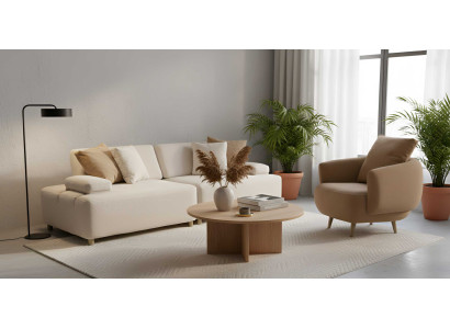 Neu 3-Sitzer-Sofa Sessel Wohnzimmer Stil modern Farbe beige Stoff Holz