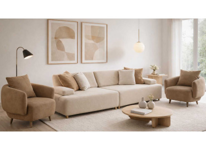 Set 3-Sitzer-Sofa Sessel Wohnzimmer Stil modern Farbe beige neu Stoff Holz