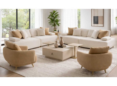 Set 3-Sitzer-Sofa Stil modern Farbe beige Sessel Couchtisch gemütlich neu