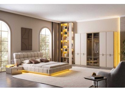 Bett Nachttisch Kleiderschrank Stil modern Farbe beige neu Holz Glas