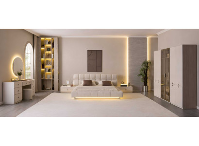 Bett Stil modern Farbe beige neu Schlafzimmer Holz Glas Beleuchtung