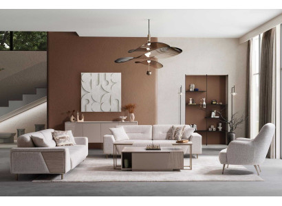 3-Sitzer-Sofa Sessel Couchtisch Wohnzimmer Stil modern Farbe weiß Stoff