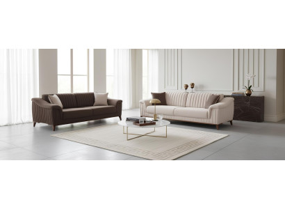 Elegantes 3-Sitzer Sofa Beige Braun Rippendesign Holzrahmen
