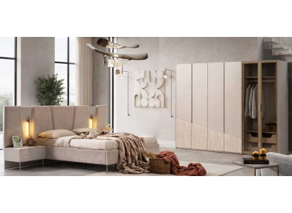 Bett Nachttisch Kleiderschrank Stil modern Farbe beige Glas geräumig