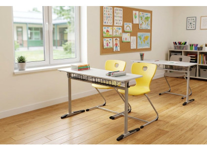 Schulset Modern Ergonomisch Grau Schultisch Gelb Stuhl Doppelsitzige