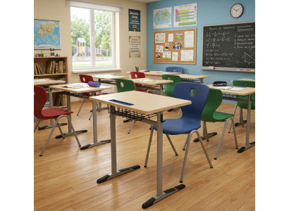 Schulset Modern Ergonomisch Braun Schultisch Blau Stuhl Einzeltisch