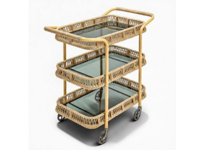 Servierwagen Gelb Moderner Stil Glasboden Rattangeflecht Räder Neu