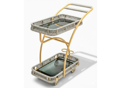 Servierwagen Gelb Grau Farbe Moderner Stil Glasboden Geflecht Räder