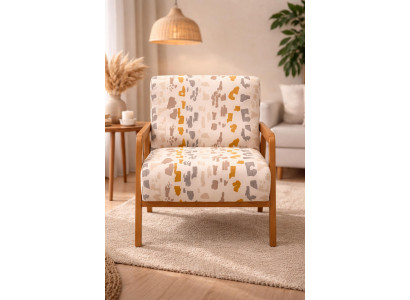 Bunter Wohnzimmer Sessel Elegantes Holzgestell Braune Armlehnen