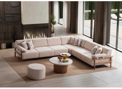 Ecksofa Couchtisch Beistelltisch Puff Stil modern Farbe beige weich