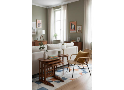 Retro Couchtisch Holzdesign Gestreift Schlank Platzsparend Neu