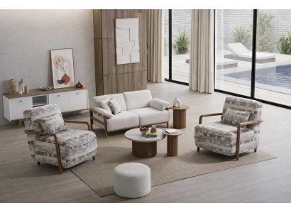 Sofa Sessel Couchtisch Puff Stil modern Farbe beige mehrfarbig weich