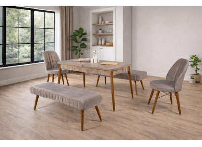 Esstisch 2x Stühle Bank Esszimmer Stil modern Farbe braun quadratisch