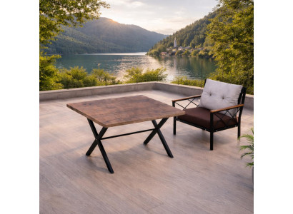 Tisch Sessel Wohnzimmer Stil modern Farbe braun weich bequem Kissen