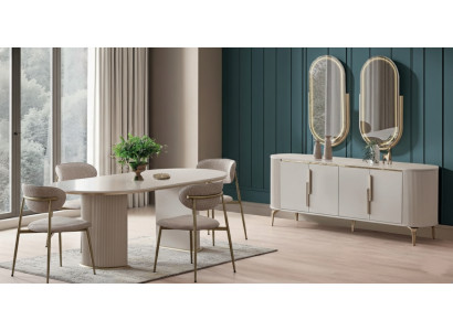 Modernes Esszimmer-Set mit Tisch 4 Stühlen und Sideboard mit Spiegel