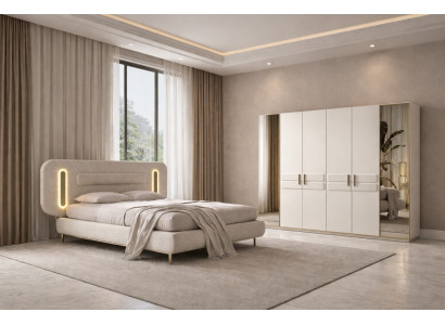 Beiges Schlafzimmer-Set Gemütliches Polsterbett Edler Kleiderschrank