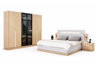 Weiß-Beiges Schlafzimmer Set Textilbett 2x Nachttische Holzschrank