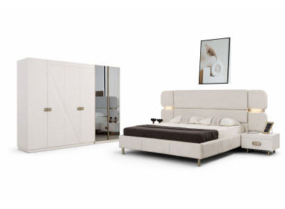 Designer Beiges Schlafzimmer Set Edles Doppelbett Nachttische Schrank