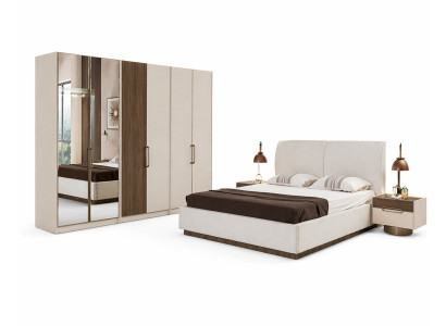 Beiges Modernes Schlafzimmer-Set Polsterbett Schrank 2x Nachttische