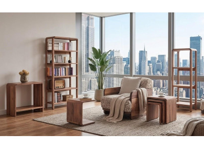 Sessel 3x Couchtisch 2x Buecherregal Wohnzimmer Stil modern Farbe braun