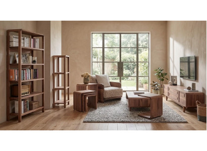 Sessel TV Board Coffetisch 3x Couchtisch 2x Buecherregal modern braun