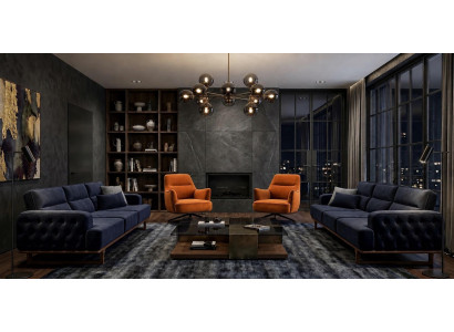 Polstergarnitur 4Sitzer sofa Sessel Stoff Modern Kissen Dunkelblau Neu