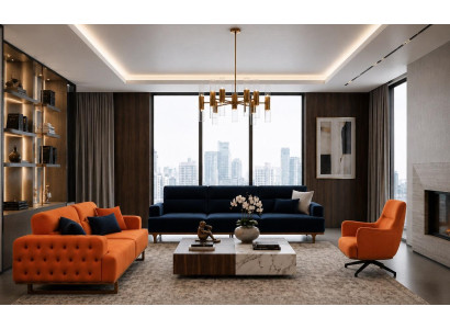 Polstergarnitur 4Sitzer 3Sitzer sofa Sessel Kissen Dunkelblau Orange