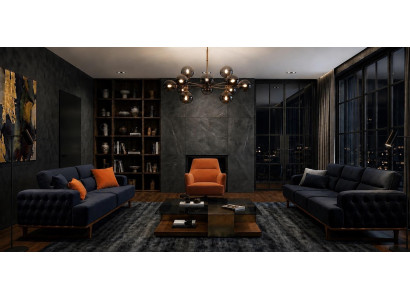 Polstergarnitur 4Sitzer 3Sitzer sofa Sessel Modern Kissen Dunkelblau