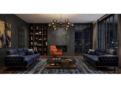 Polstergarnitur 4Sitzer sofa Sessel Stoff Modern Kissen Dunkelblau Neu