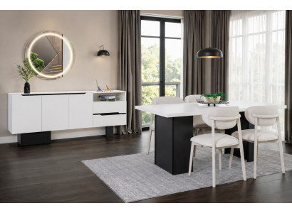 Stilvolle Weiße Essgruppe Designer Esstisch 4x Textilstühle Sideboard