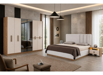 Beige Schlafzimmer Garnitur Polsterbett Holzschrank 2x Nachttische