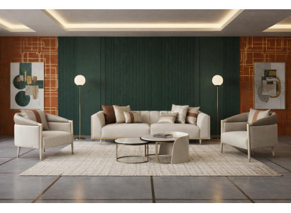 Elegantes beiges Wohnzimmer-Set 3-Sitzer-Sofa Sessel Couchtisch Designermöbel