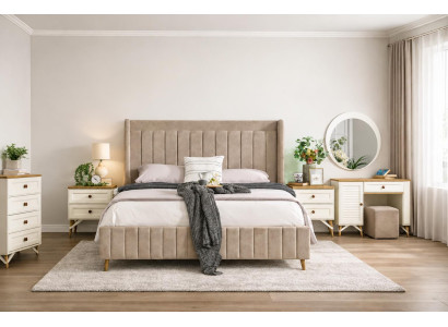Schlafzimmer-Set mit Bett, 2 Nachttischen, Kommode und Frisiertisch