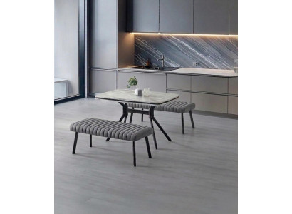 Esszimmer-Set Esstisch 2x Sitzbank Marmor Grau Komfortabel Modern