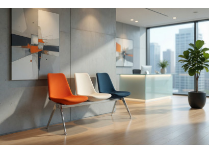 Buerobesucherstuehle 3 Sitzer Bank Orange Beige Blau Metallgestell