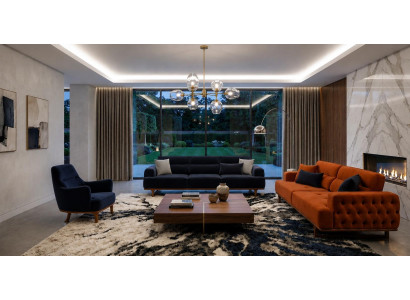 Polstergarnitur 4Sitzer 3Sitzer sofa Sessel Modern Dunkelblau Orange