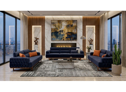 Polstergarnitur 4Sitzer 3Sitzer sofa Stoff Modern Kissen Dunkelblau