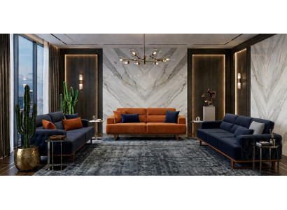 Polstergarnitur 4Sitzer 3Sitzer sofa Modern Kissen Dunkelblau Orange